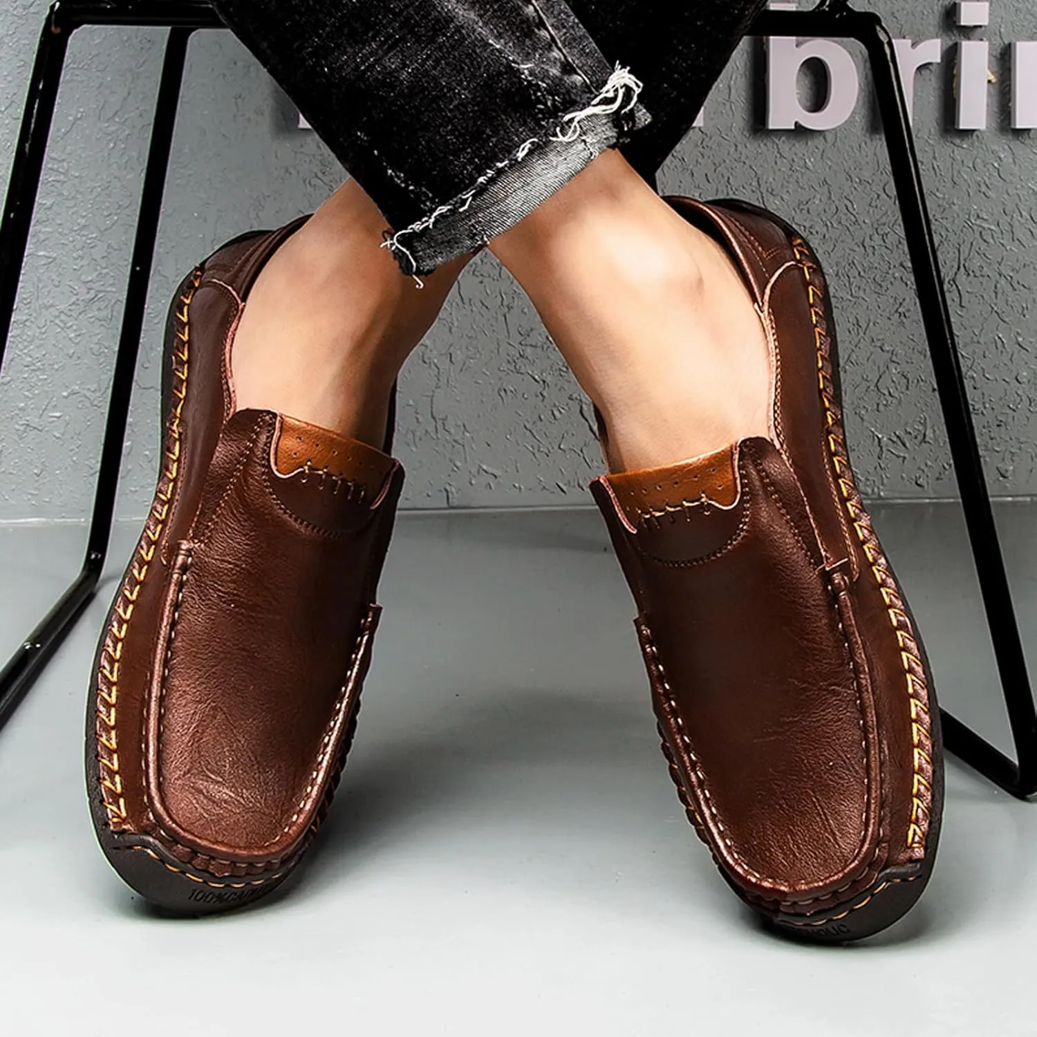 Men's Black Leather Loafers, Casual Business Shoes, Slip-On, Round Toe, Flat Heel, Maximum Cushioning, Water Resistant, Summer, Size 991 (US)