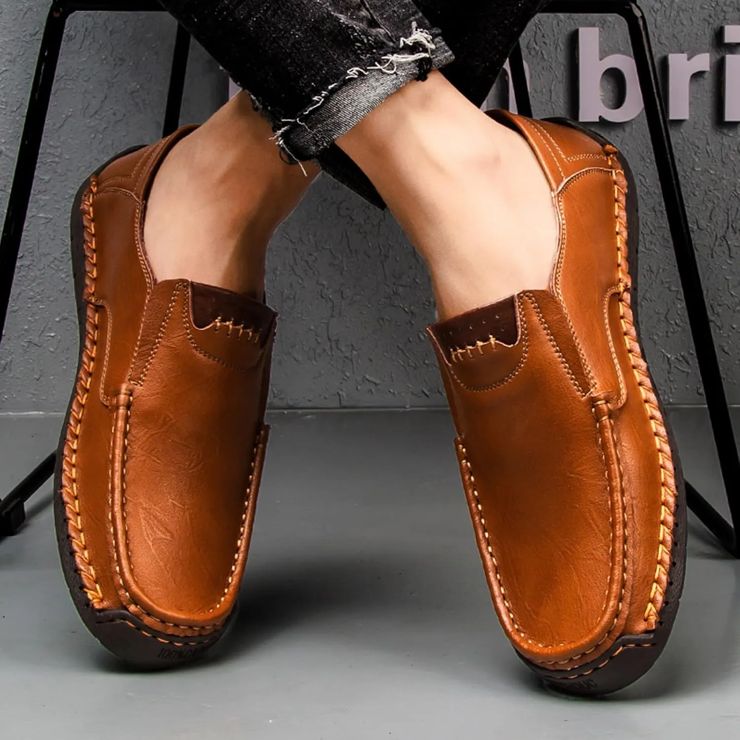 Men's Black Leather Loafers, Casual Business Shoes, Slip-On, Round Toe, Flat Heel, Maximum Cushioning, Water Resistant, Summer, Size 991 (US)
