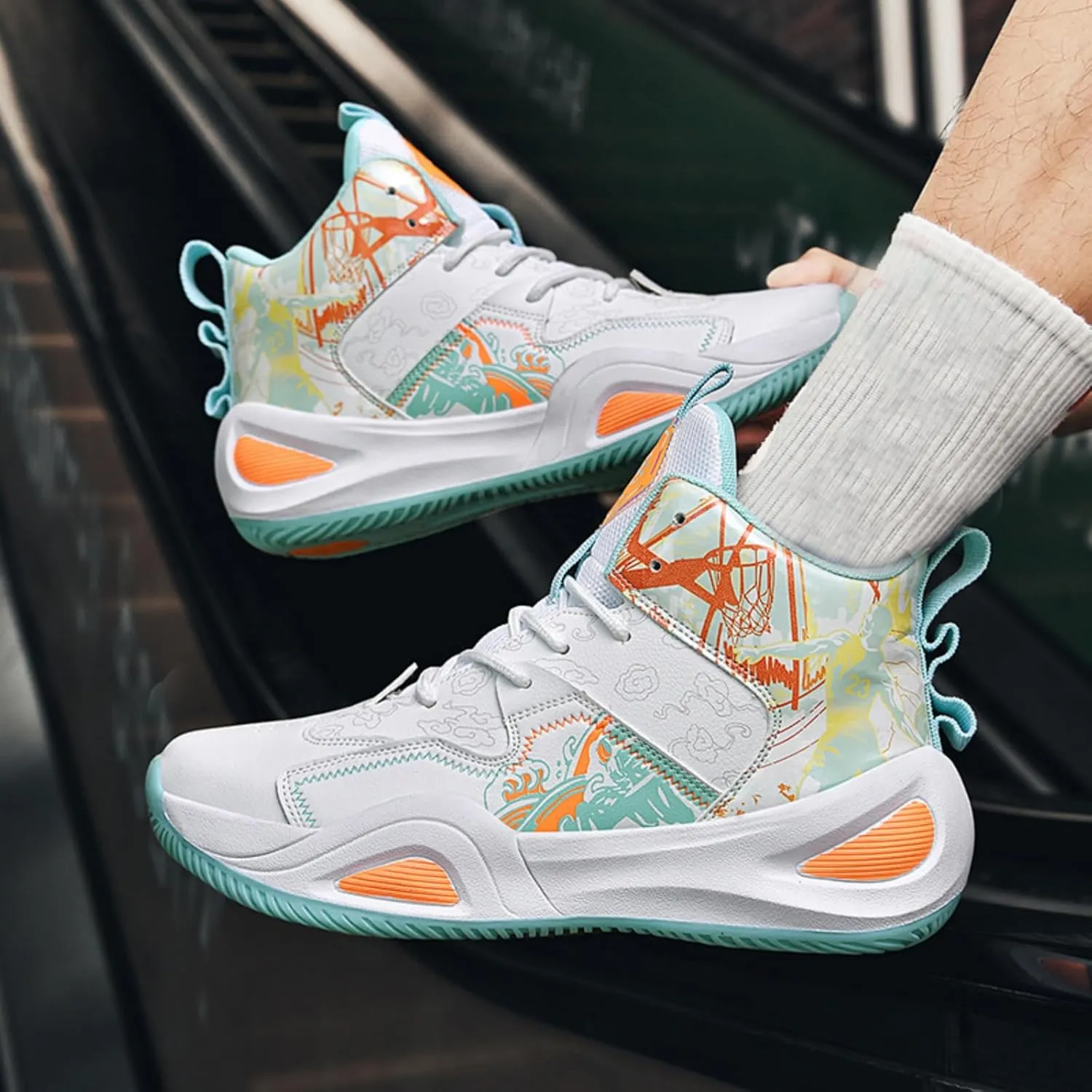 Men's Breathable Mesh Lace Up Basketball Shoes Fashion Non-Slip High-Top Sneakers Casual Gym Sports Tennis Jogging Running Walking Shoes