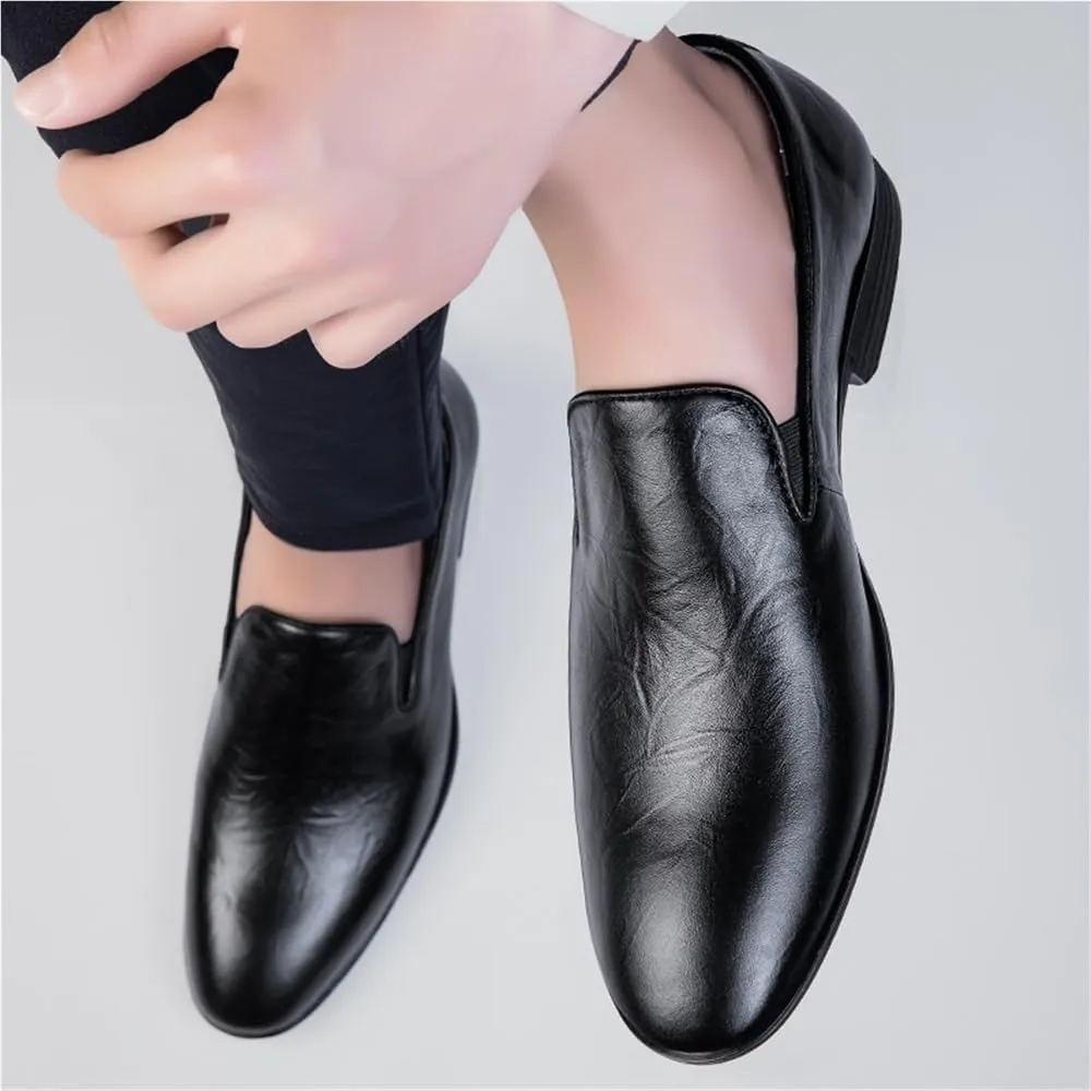 Mens British Style Leather Loafers Pointed Toe Height Increasing Slip On Casual Office Formal Comfortable Bean Shoes