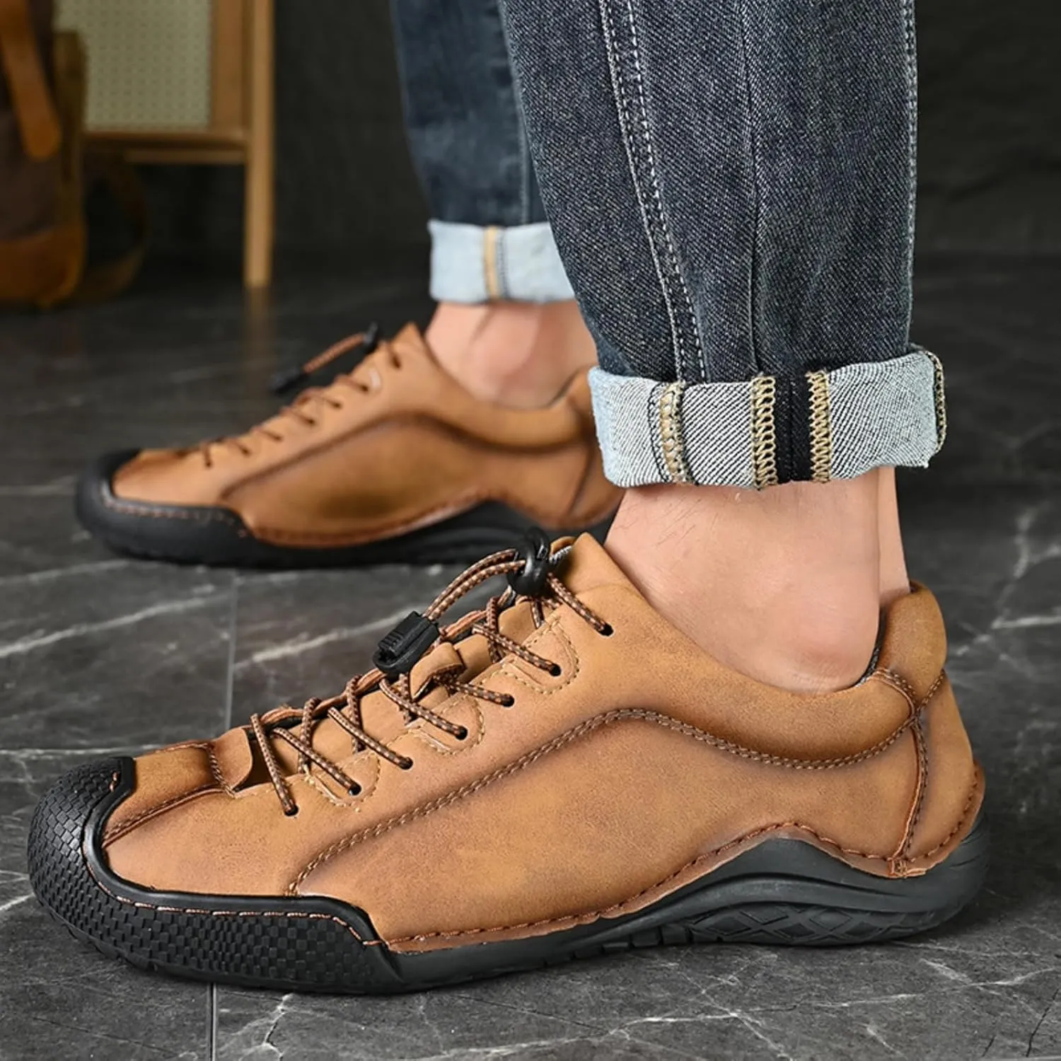 Men's Casual Driving Loafers with Elastic Band & Quick-Lace System - Slip-Resistant Outsole Shoes with Handmade Stitching Comfort Stitch Sole for Office Outdoor Activities Daily Wear