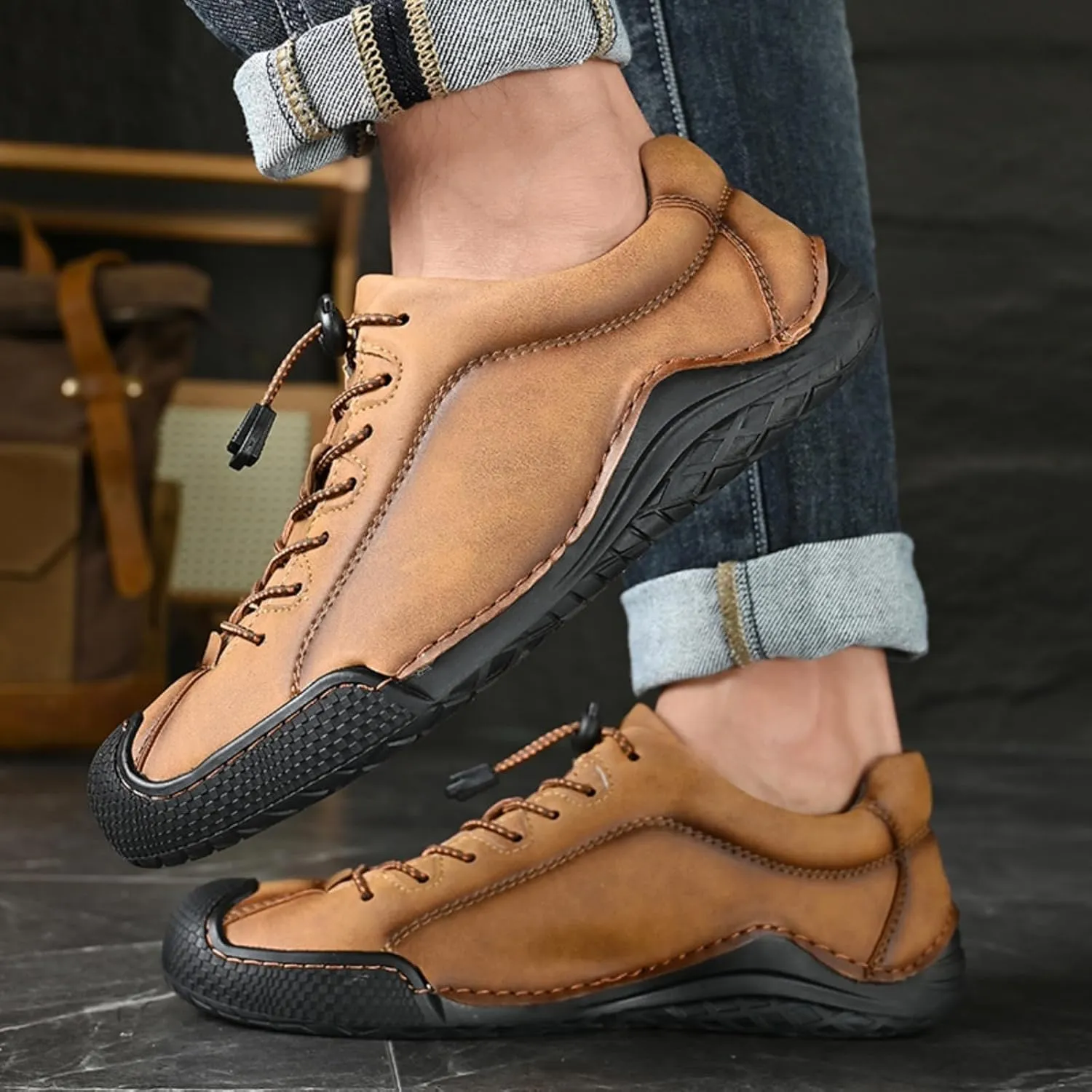 Men's Casual Driving Loafers with Elastic Band & Quick-Lace System - Slip-Resistant Outsole Shoes with Handmade Stitching Comfort Stitch Sole for Office Outdoor Activities Daily Wear