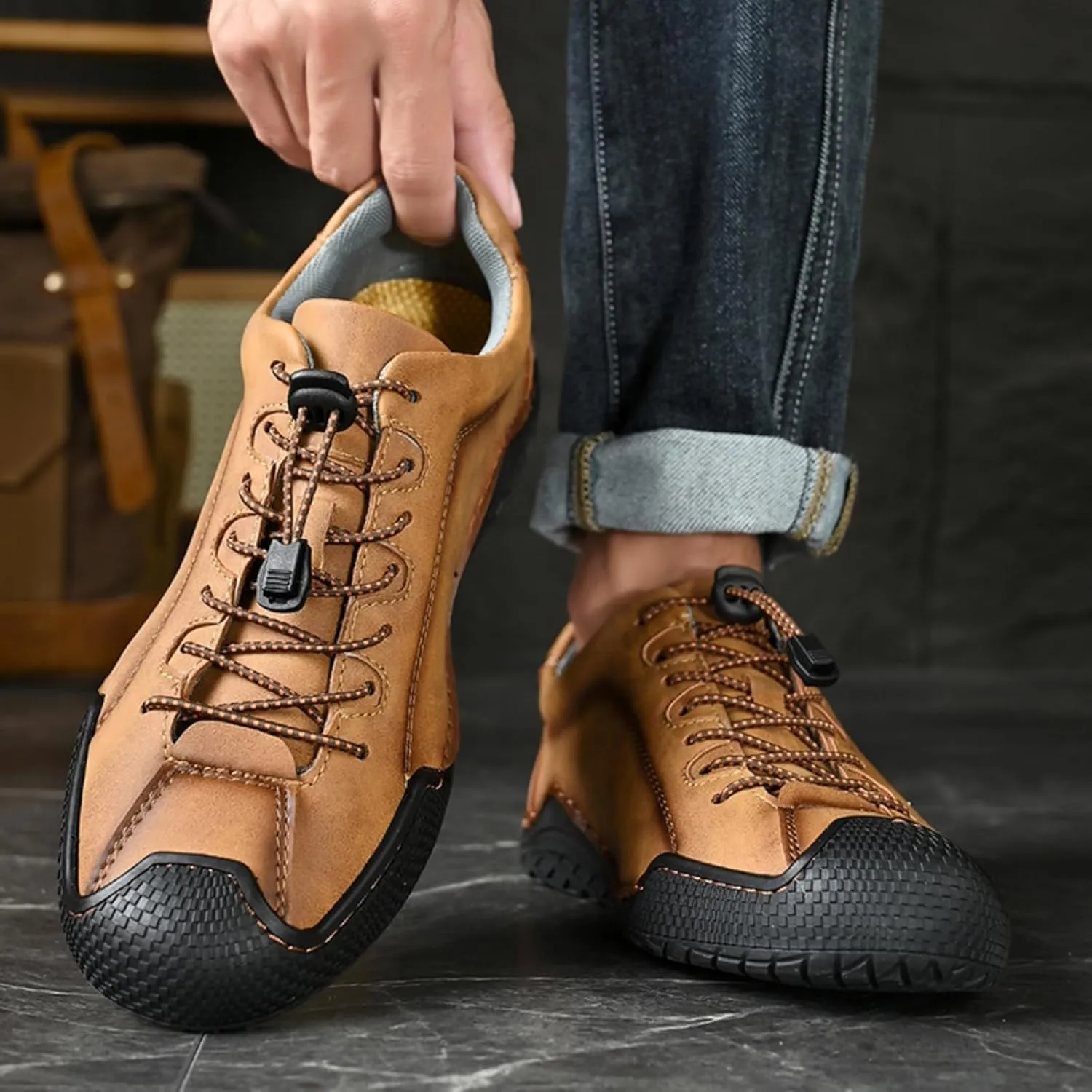 Men's Casual Driving Loafers with Elastic Band & Quick-Lace System - Slip-Resistant Outsole Shoes with Handmade Stitching Comfort Stitch Sole for Office Outdoor Activities Daily Wear