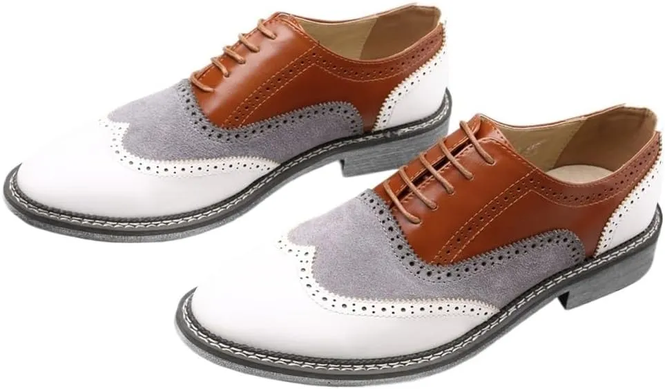 Men's Casual Lace Up Loafers Two Tone Patchwork Brogue Oxford Shoes Fashionable Office Formal PU Leather Shoes