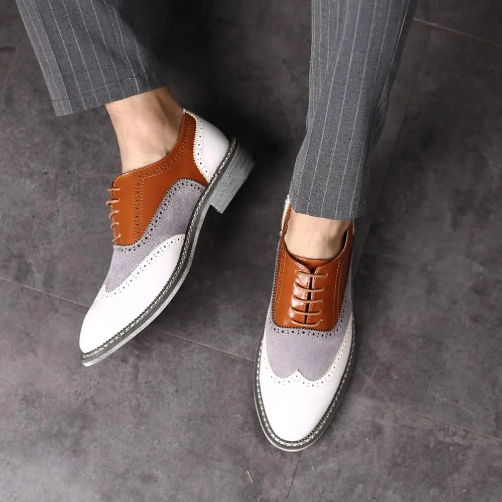 Men's Casual Lace Up Loafers Two Tone Patchwork Brogue Oxford Shoes Fashionable Office Formal PU Leather Shoes