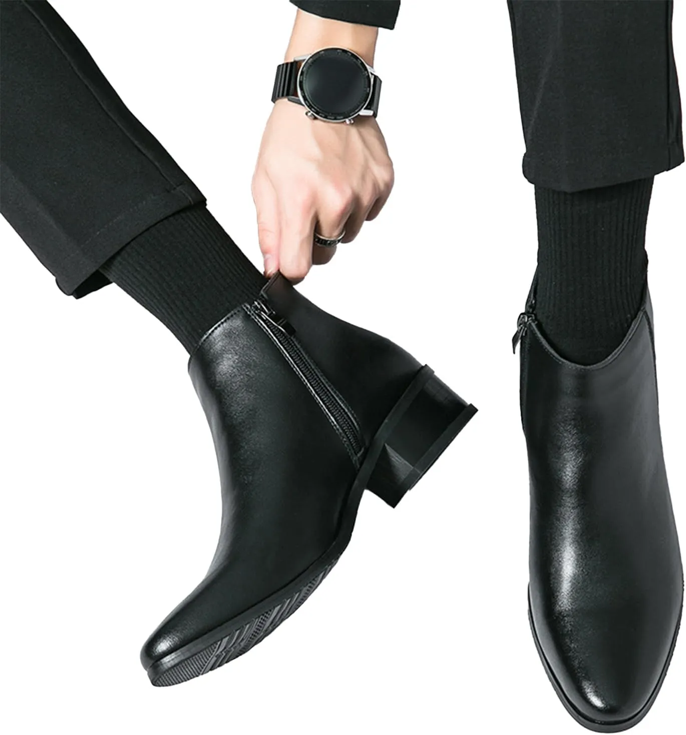Men's Classic Polished Leather Side Zip Chelsea Ankle Boots Pointed Toe Slip-On Warm Comfortable Waterproof Chukka Boots Fashion Low Heel Business Dress Chelsea Boots