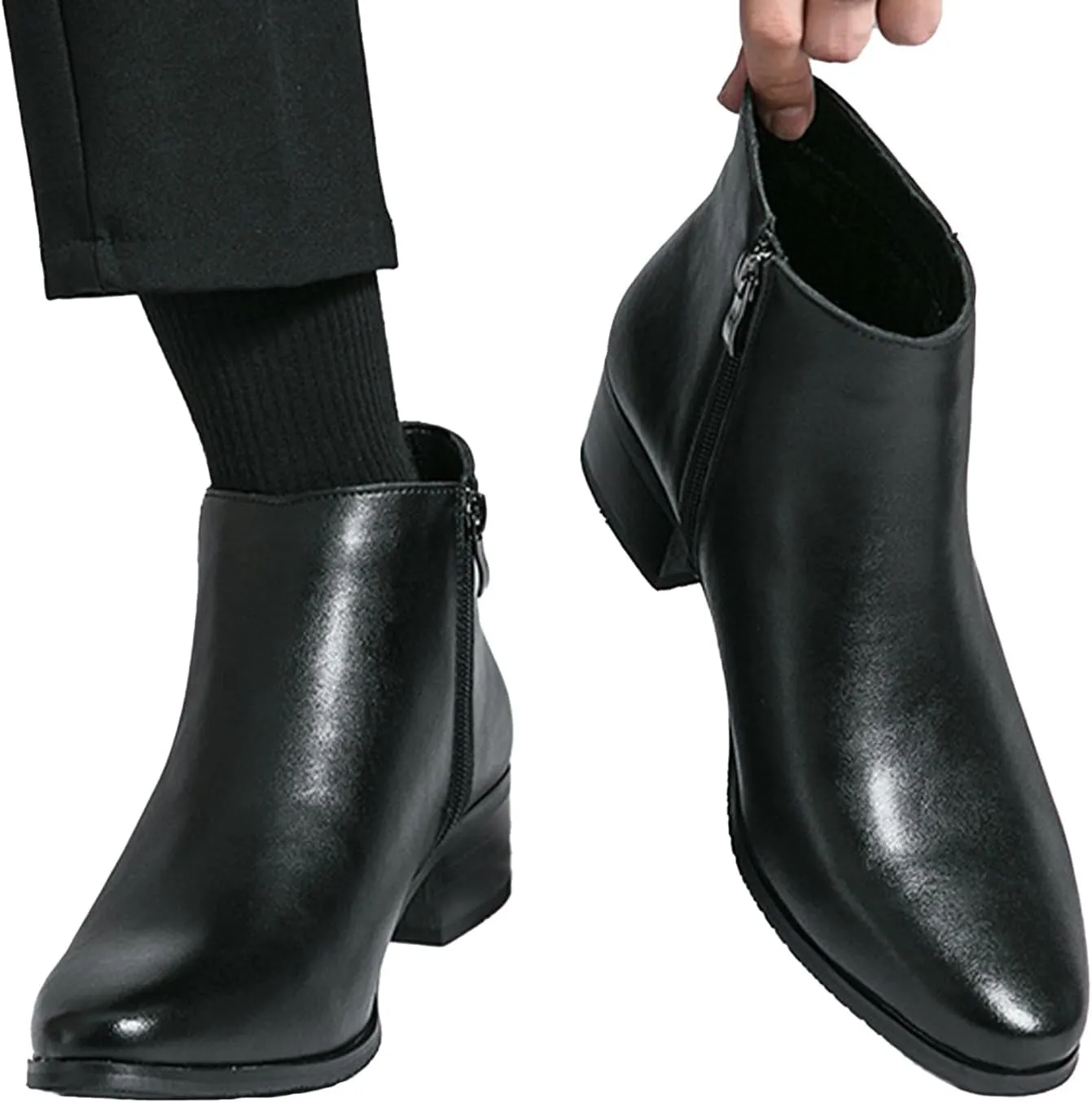 Men's Classic Polished Leather Side Zip Chelsea Ankle Boots Pointed Toe Slip-On Warm Comfortable Waterproof Chukka Boots Fashion Low Heel Business Dress Chelsea Boots