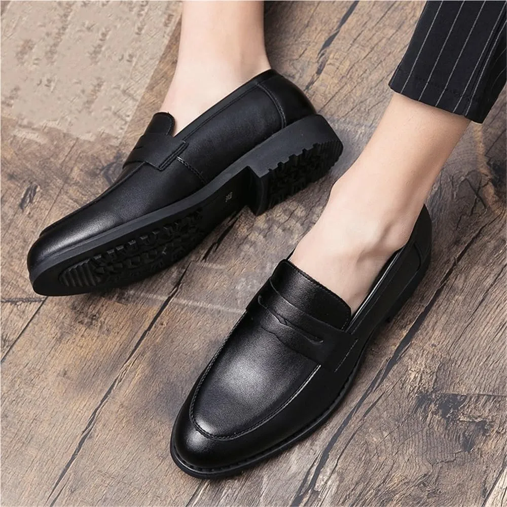 Mens Classic Slip On Loafers Korean Style Black Dress Casual Bean Shoes All Match Height Increasing Oxford
