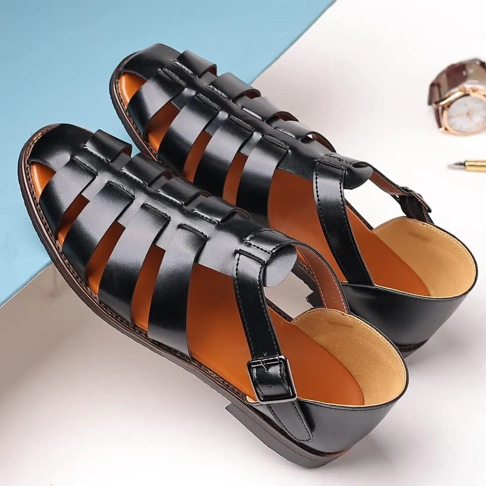 Mens Closed Toe Sandals Ankle Buckle Hollow Out Roman Shoes Outdoor Fisherman Adjustable Beach Summer Sandals Anti Slip Flat Sandals Comfort Casual Walking Shoes Lightweight T-Strap Ankle Strap Sandal