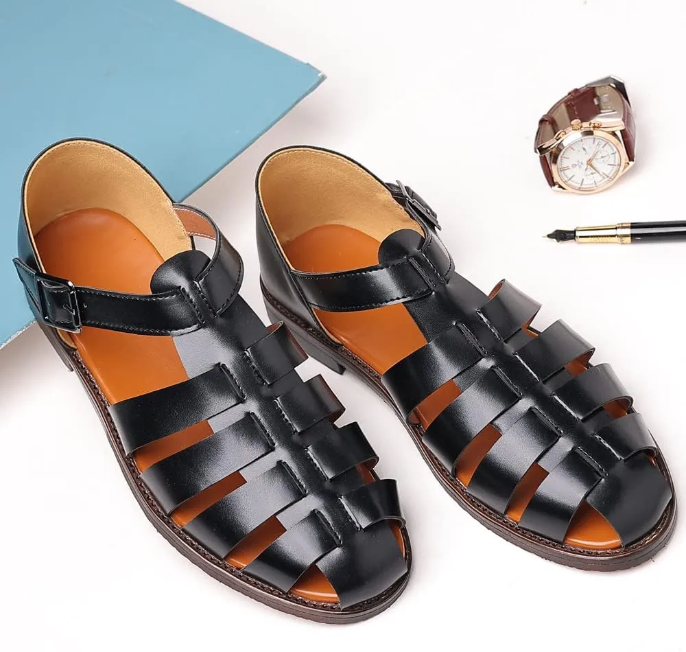 Mens Closed Toe Sandals Ankle Buckle Hollow Out Roman Shoes Outdoor Fisherman Adjustable Beach Summer Sandals Anti Slip Flat Sandals Comfort Casual Walking Shoes Lightweight T-Strap Ankle Strap Sandal