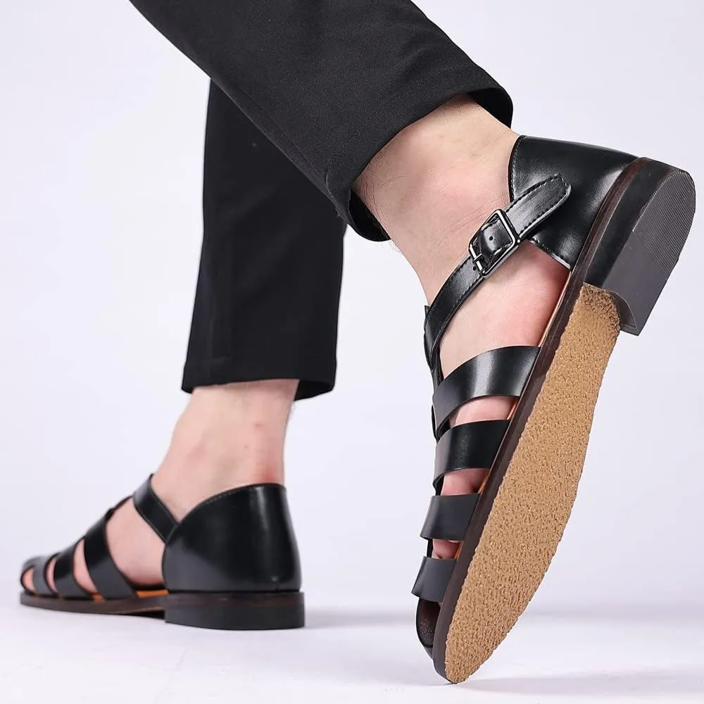 Mens Closed Toe Sandals Ankle Buckle Hollow Out Roman Shoes Outdoor Fisherman Adjustable Beach Summer Sandals Anti Slip Flat Sandals Comfort Casual Walking Shoes Lightweight T-Strap Ankle Strap Sandal