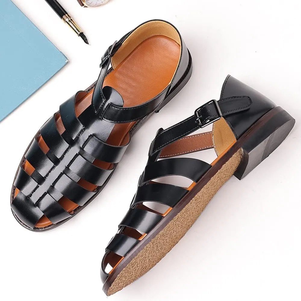 Mens Closed Toe Sandals Ankle Buckle Hollow Out Roman Shoes Outdoor Fisherman Adjustable Beach Summer Sandals Anti Slip Flat Sandals Comfort Casual Walking Shoes Lightweight T-Strap Ankle Strap Sandal