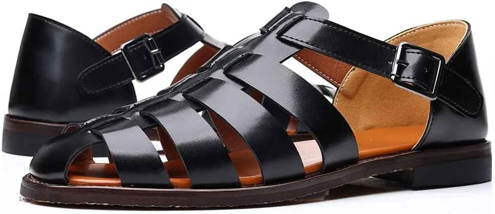 Mens Closed Toe Sandals Ankle Buckle Hollow Out Roman Shoes Outdoor Fisherman Adjustable Beach Summer Sandals Anti Slip Flat Sandals Comfort Casual Walking Shoes Lightweight T-Strap Ankle Strap Sandal