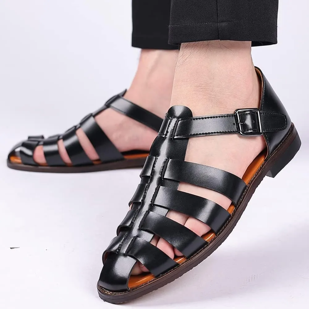 Mens Closed Toe Sandals Ankle Buckle Hollow Out Roman Shoes Outdoor Fisherman Adjustable Beach Summer Sandals Anti Slip Flat Sandals Comfort Casual Walking Shoes Lightweight T-Strap Ankle Strap Sandal