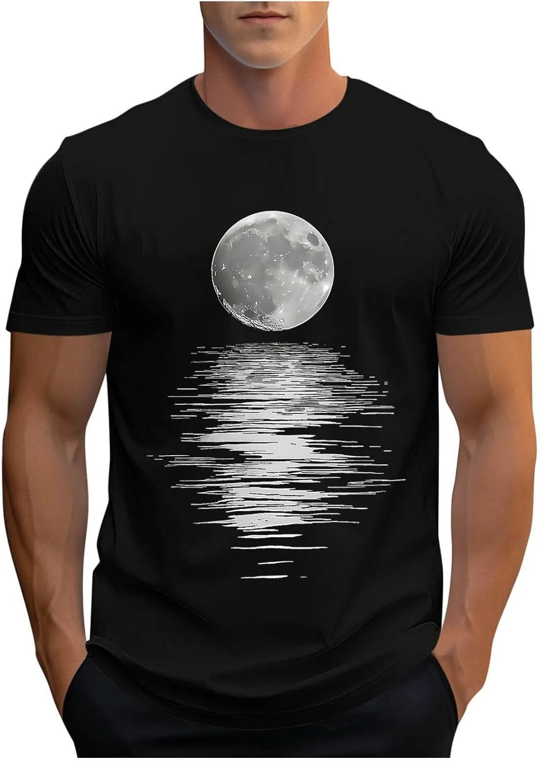 Men's Fashion Moonlight Printed Shirts Stand Shoulder Round Neck Tees Short Sleeve Breathe Shapewear Working Fishing