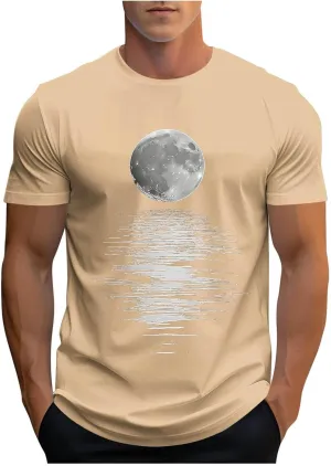 Men's Fashion Moonlight Printed Shirts Stand Shoulder Round Neck Tees Short Sleeve Breathe Shapewear Working Fishing