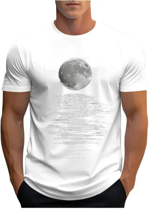 Men's Fashion Moonlight Printed Shirts Stand Shoulder Round Neck Tees Short Sleeve Breathe Shapewear Working Fishing