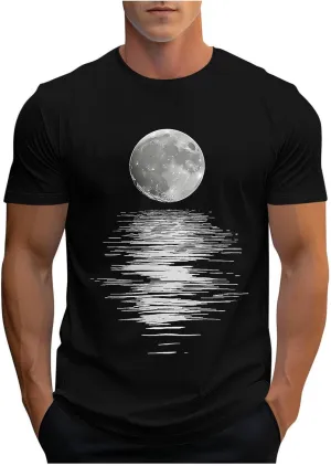 Men's Fashion Moonlight Printed Shirts Stand Shoulder Round Neck Tees Short Sleeve Breathe Shapewear Working Fishing