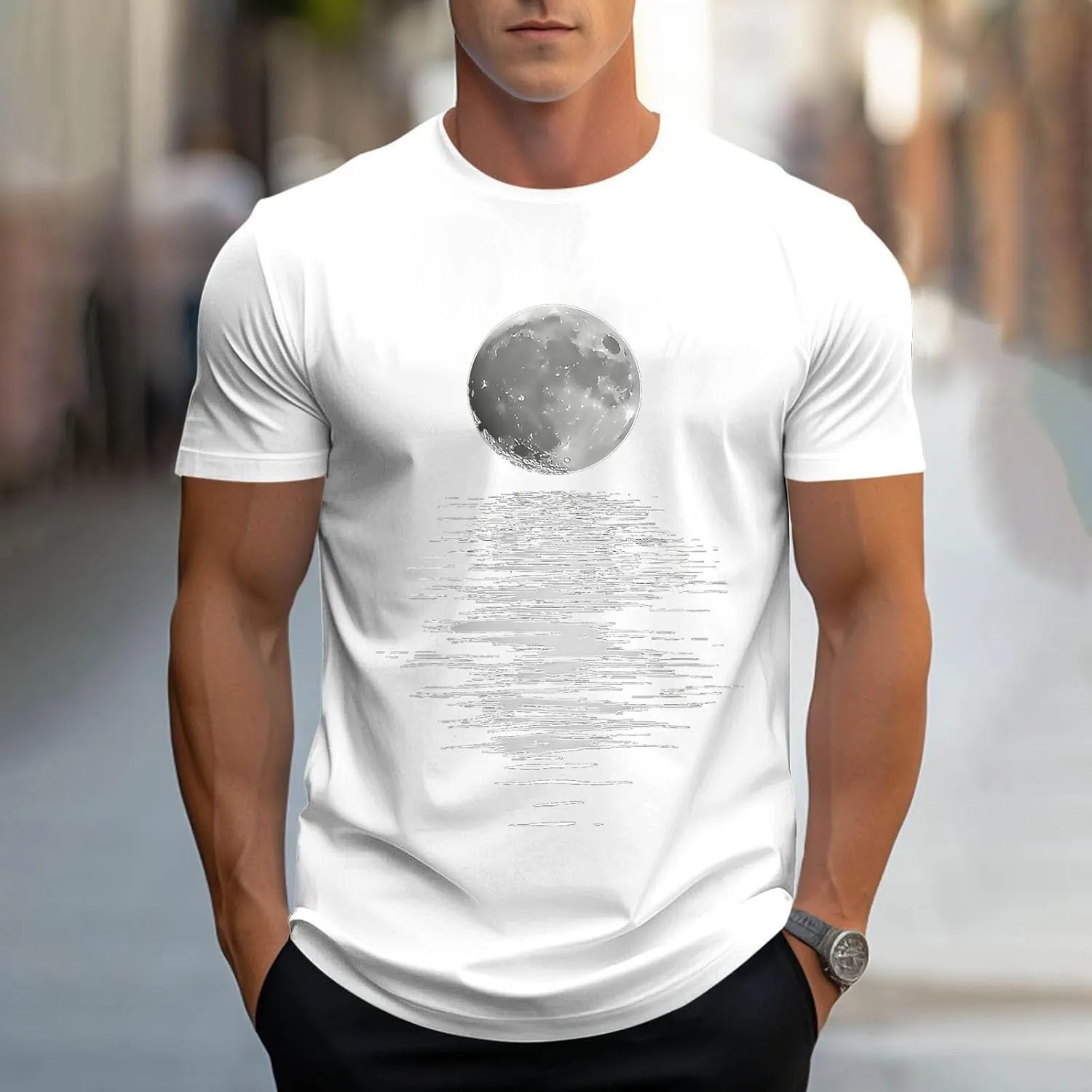 Men's Fashion Moonlight Printed Shirts Stand Shoulder Round Neck Tees Short Sleeve Breathe Shapewear Working Fishing