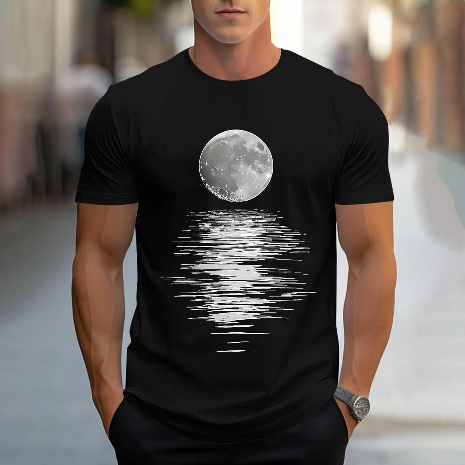 Men's Fashion Moonlight Printed Shirts Stand Shoulder Round Neck Tees Short Sleeve Breathe Shapewear Working Fishing