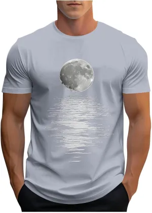 Men's Fashion Moonlight Printed Shirts Stand Shoulder Round Neck Tees Short Sleeve Breathe Shapewear Working Fishing
