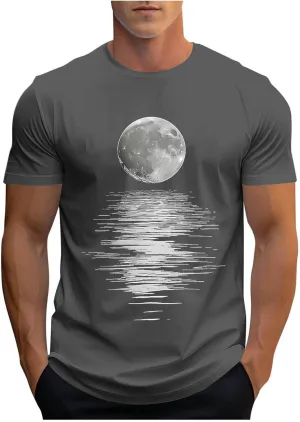 Men's Fashion Moonlight Printed Shirts Stand Shoulder Round Neck Tees Short Sleeve Breathe Shapewear Working Fishing