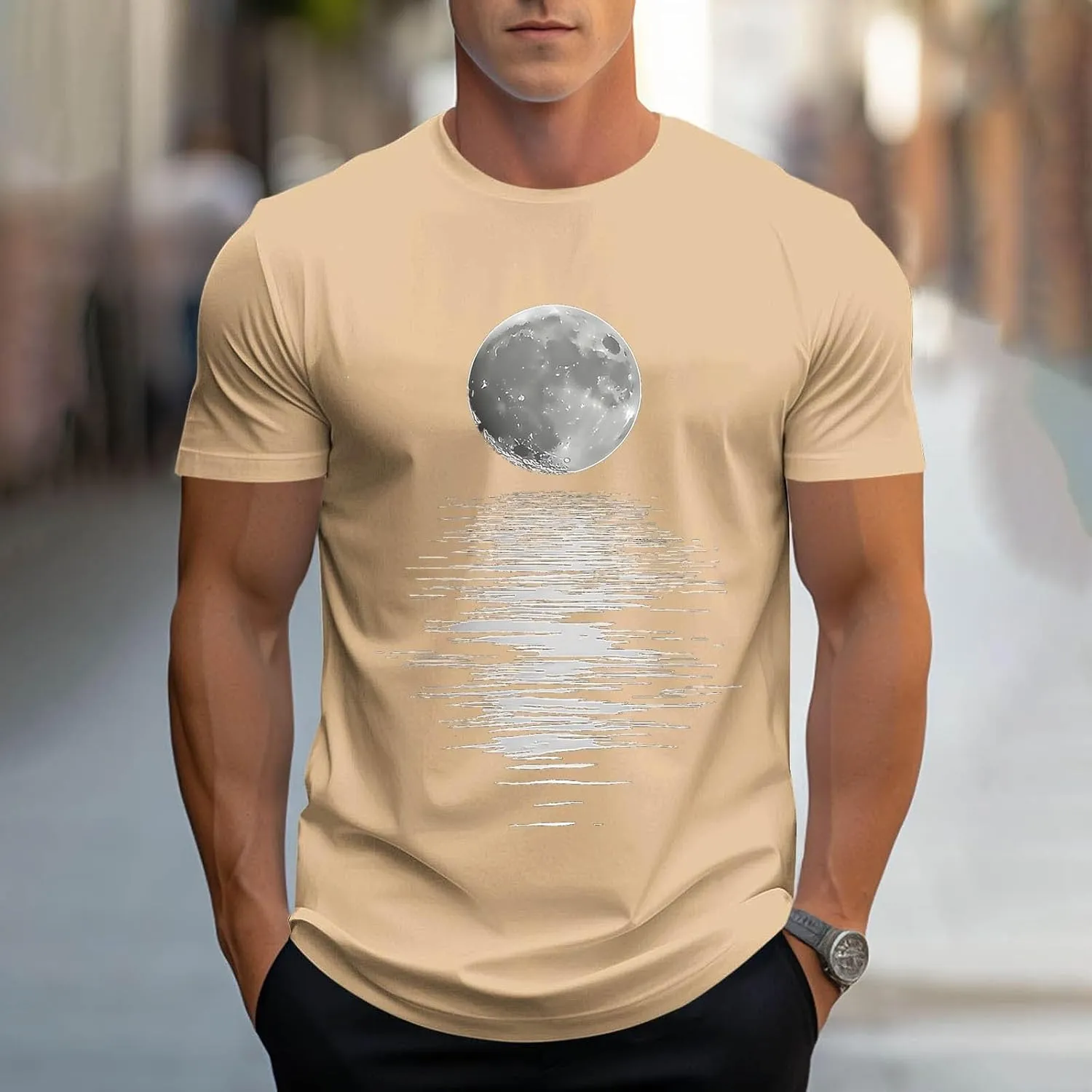 Men's Fashion Moonlight Printed Shirts Stand Shoulder Round Neck Tees Short Sleeve Breathe Shapewear Working Fishing