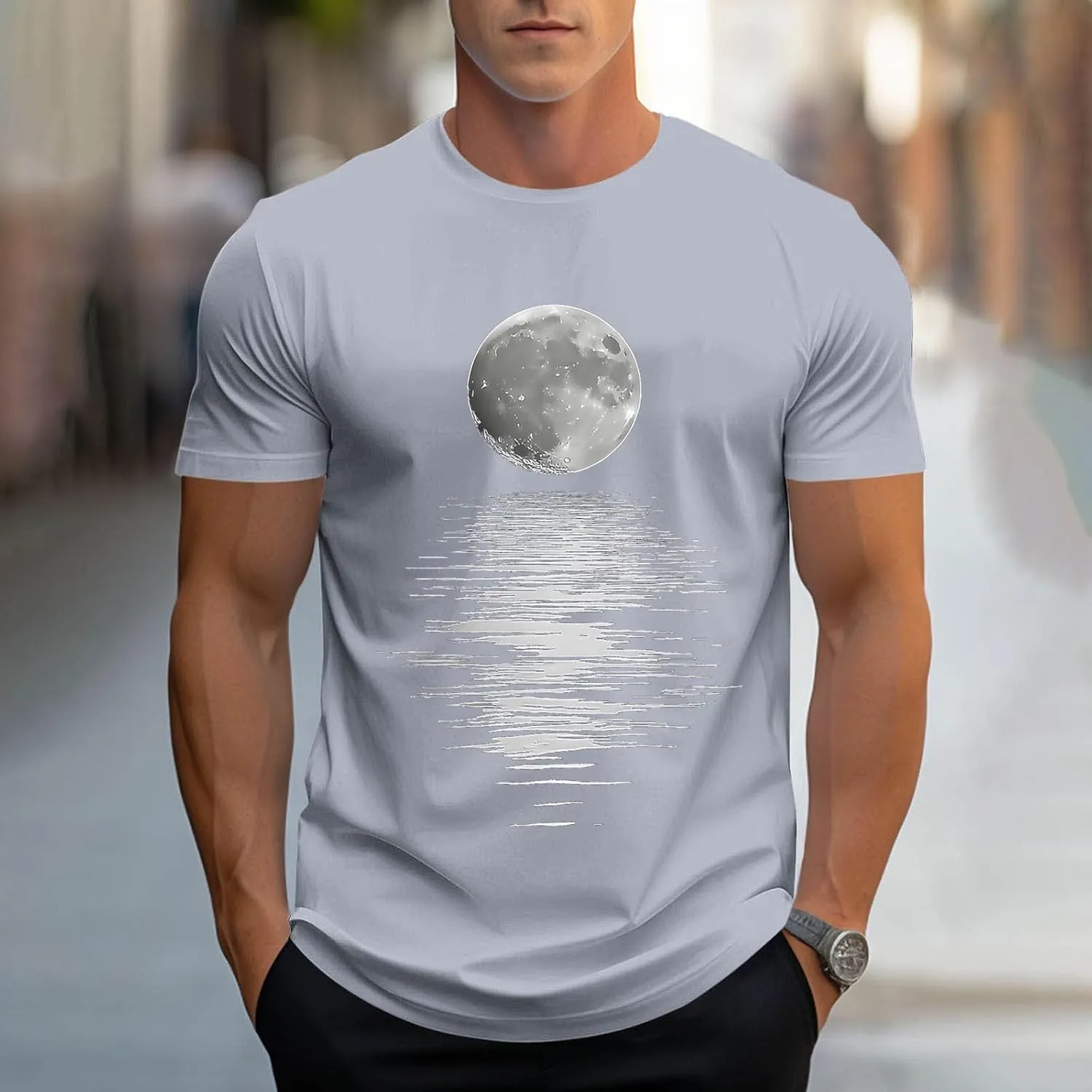 Men's Fashion Moonlight Printed Shirts Stand Shoulder Round Neck Tees Short Sleeve Breathe Shapewear Working Fishing