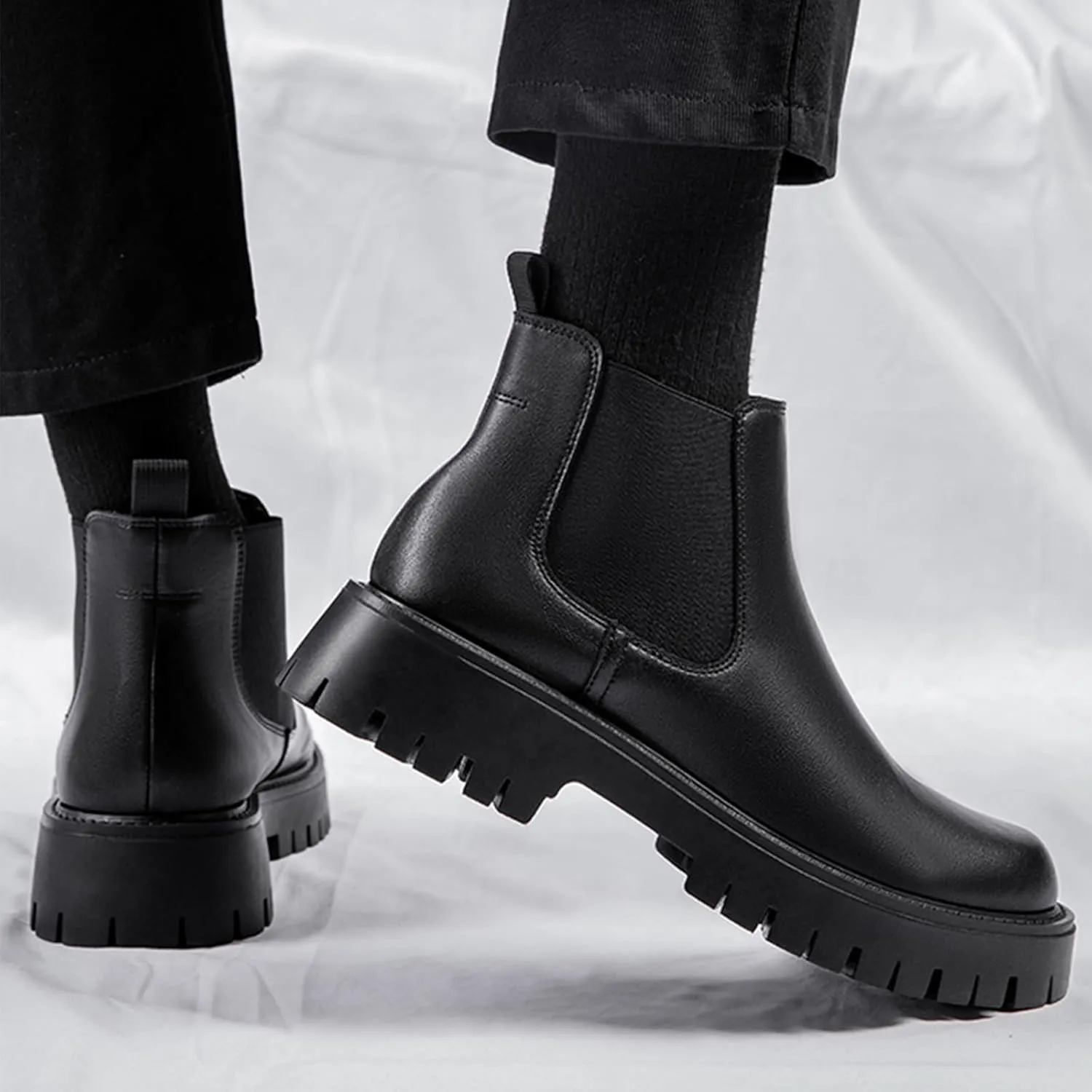 Men's Genuine Leather Elastic Panels Platform Chunky Heel Chelsea Boots Fashion Round Toe Slip On Lug Sole Warm Dress Ankle Boots for Business Work