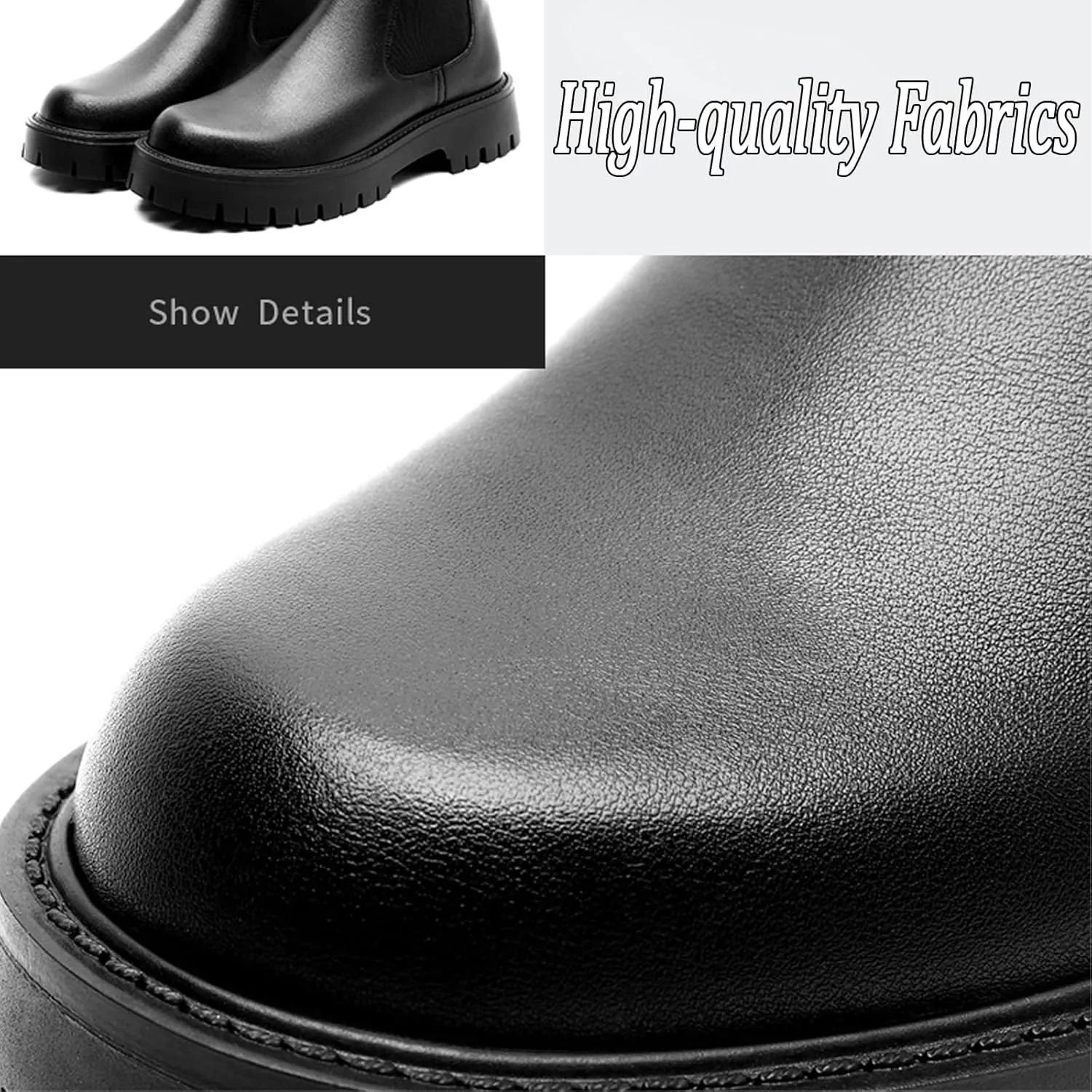 Men's Genuine Leather Elastic Panels Platform Chunky Heel Chelsea Boots Fashion Round Toe Slip On Lug Sole Warm Dress Ankle Boots for Business Work