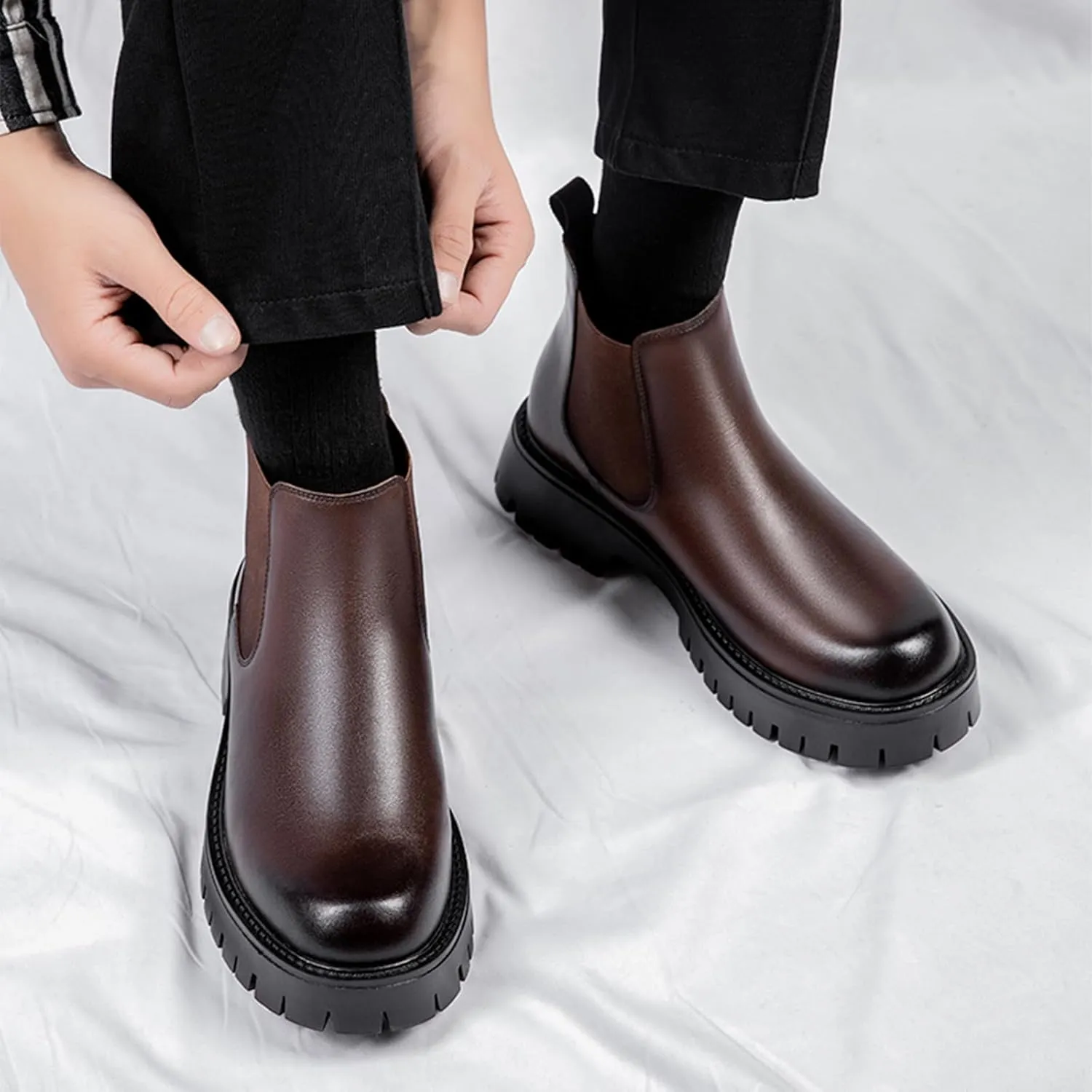 Men's Genuine Leather Elastic Panels Platform Chunky Heel Chelsea Boots Fashion Round Toe Slip On Lug Sole Warm Dress Ankle Boots for Business Work