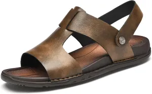 Men's Genuine Leather Open Toe Flat Fashion Sandals Summer Comfortable Breatheable Dual Use Slip On Athletic Walking Sandal for Driving Casual Beach