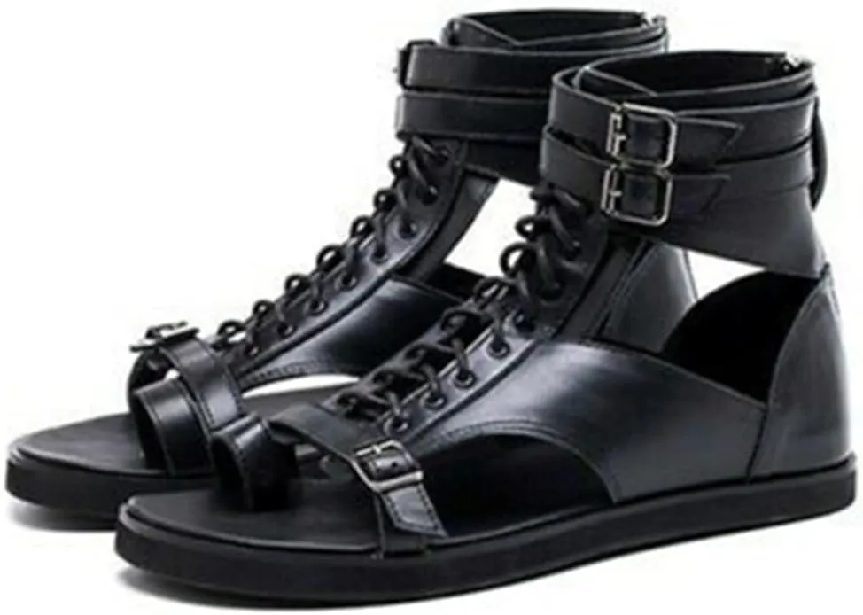 Men's Gladiator Sandals Summer Outdoor Non-Slip Beach Sandals Shoes Clip Toe Flip-Flops Flats Summer High Top Lace-Up Buckle Sandals Leather Roman Sandals Zipper Shoes for Walking Hiking