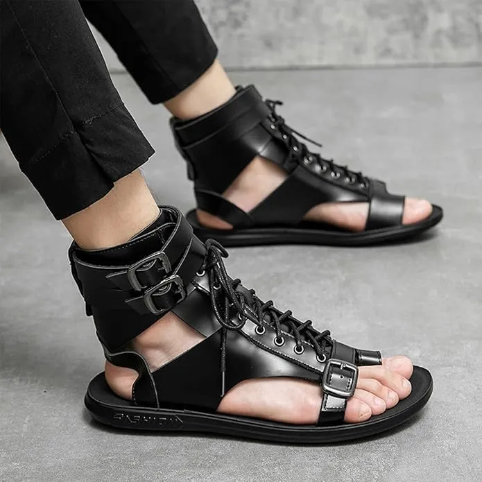 Men's Gladiator Sandals Summer Outdoor Non-Slip Beach Sandals Shoes Clip Toe Flip-Flops Flats Summer High Top Lace-Up Buckle Sandals Leather Roman Sandals Zipper Shoes for Walking Hiking