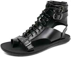 Men's Gladiator Sandals Summer Outdoor Non-Slip Beach Sandals Shoes Clip Toe Flip-Flops Flats Summer High Top Lace-Up Buckle Sandals Leather Roman Sandals Zipper Shoes for Walking Hiking