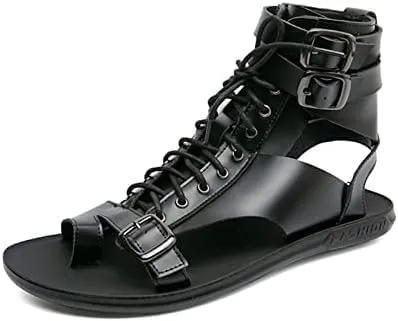 Men's Gladiator Sandals Summer Outdoor Non-Slip Beach Sandals Shoes Clip Toe Flip-Flops Flats Summer High Top Lace-Up Buckle Sandals Leather Roman Sandals Zipper Shoes for Walking Hiking