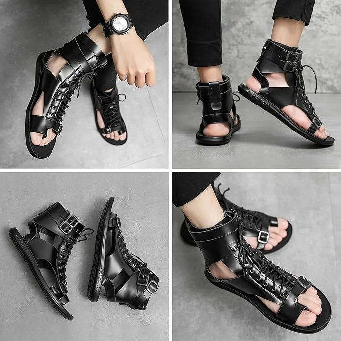 Men's Gladiator Sandals Summer Outdoor Non-Slip Beach Sandals Shoes Clip Toe Flip-Flops Flats Summer High Top Lace-Up Buckle Sandals Leather Roman Sandals Zipper Shoes for Walking Hiking