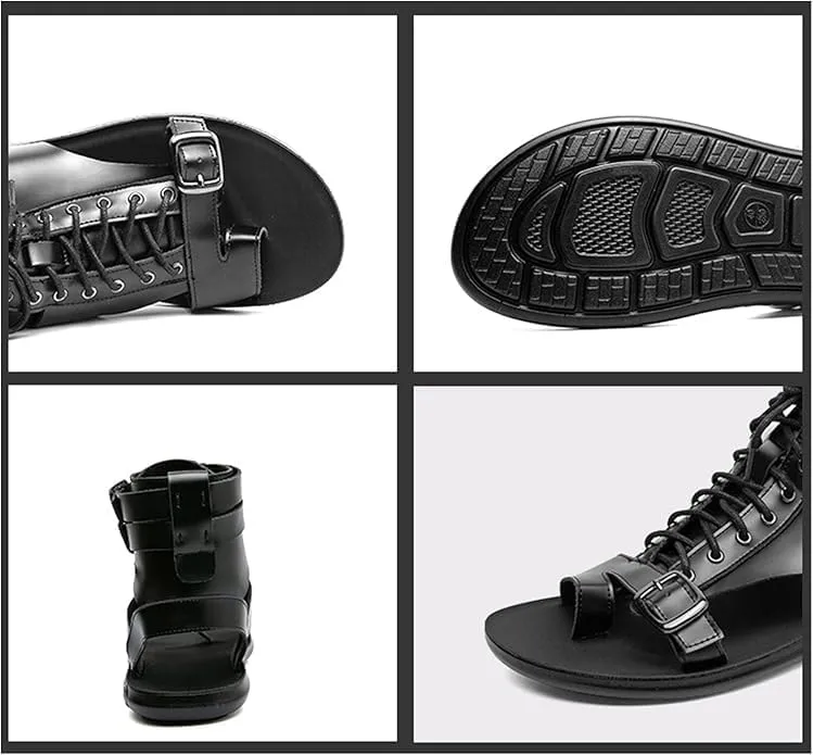 Men's Gladiator Sandals Summer Outdoor Non-Slip Beach Sandals Shoes Clip Toe Flip-Flops Flats Summer High Top Lace-Up Buckle Sandals Leather Roman Sandals Zipper Shoes for Walking Hiking