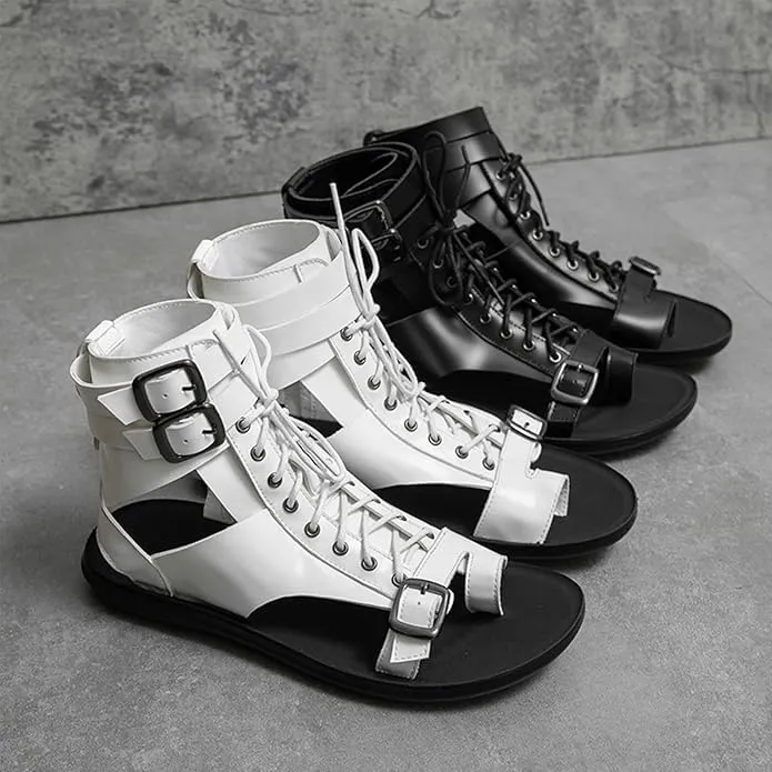 Men's Gladiator Sandals Summer Outdoor Non-Slip Beach Sandals Shoes Clip Toe Flip-Flops Flats Summer High Top Lace-Up Buckle Sandals Leather Roman Sandals Zipper Shoes for Walking Hiking