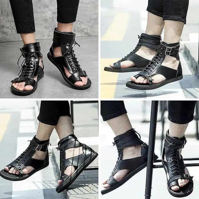 Men's Gladiator Sandals Summer Outdoor Non-Slip Beach Sandals Shoes Clip Toe Flip-Flops Flats Summer High Top Lace-Up Buckle Sandals Leather Roman Sandals Zipper Shoes for Walking Hiking