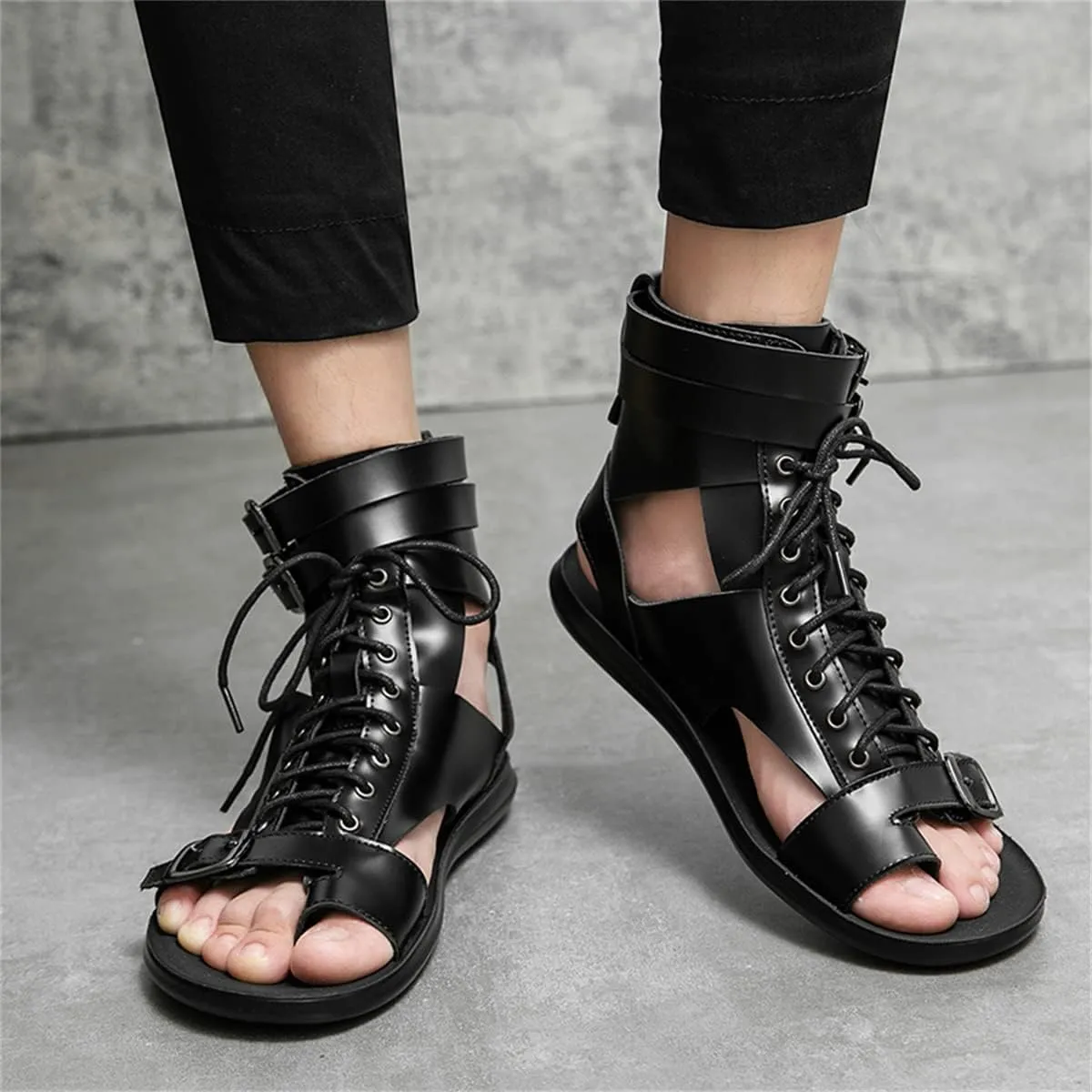 Men's Gladiator Sandals Summer Outdoor Non-Slip Beach Sandals Shoes High Top Lace-Up Buckle Sandals Leather Roman Sandals Clip Toe Flip-Flops Flats Summer Zipper Shoes for Walking Hiking