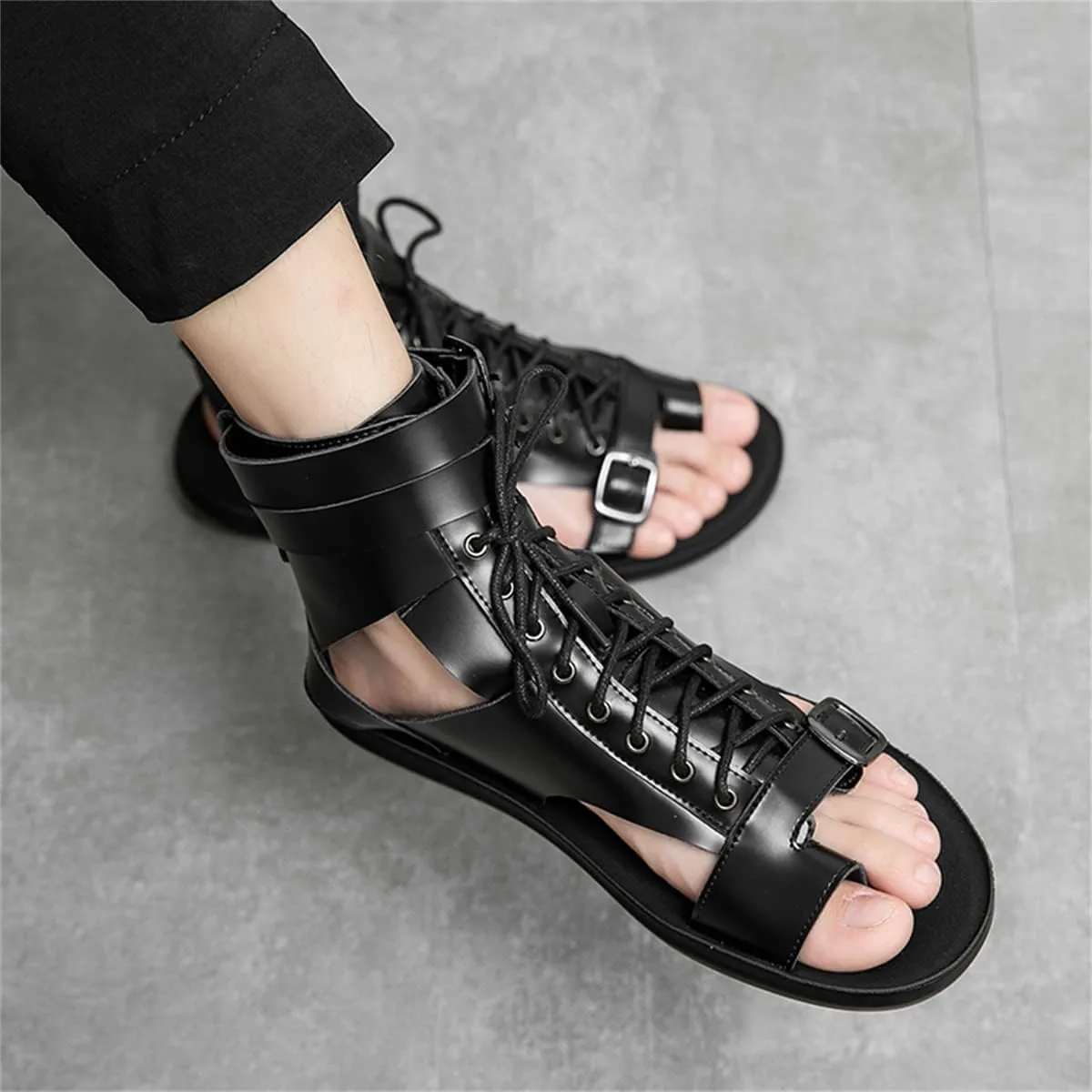 Men's Gladiator Sandals Summer Outdoor Non-Slip Beach Sandals Shoes High Top Lace-Up Buckle Sandals Leather Roman Sandals Clip Toe Flip-Flops Flats Summer Zipper Shoes for Walking Hiking