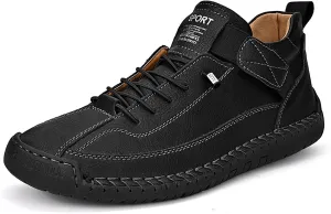Men's Hook & Loop Hand Stitching Chukka Boots,Lightweight Leather Slip On Loafers Low Hiking Ankle Boots Lace-Up Comfort Non-Slip Boots For Outdoor Camping & Driving Booties