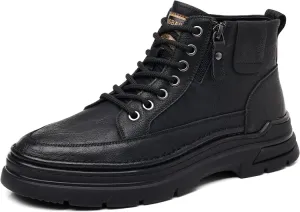 Men'S Leather Chukka Boot With Side Zipper Round Toe Comfort Fleece-Lined Anti-Slip Platform Lace-Up Casual Oxford Boots For Hiking Travel Motorcycle