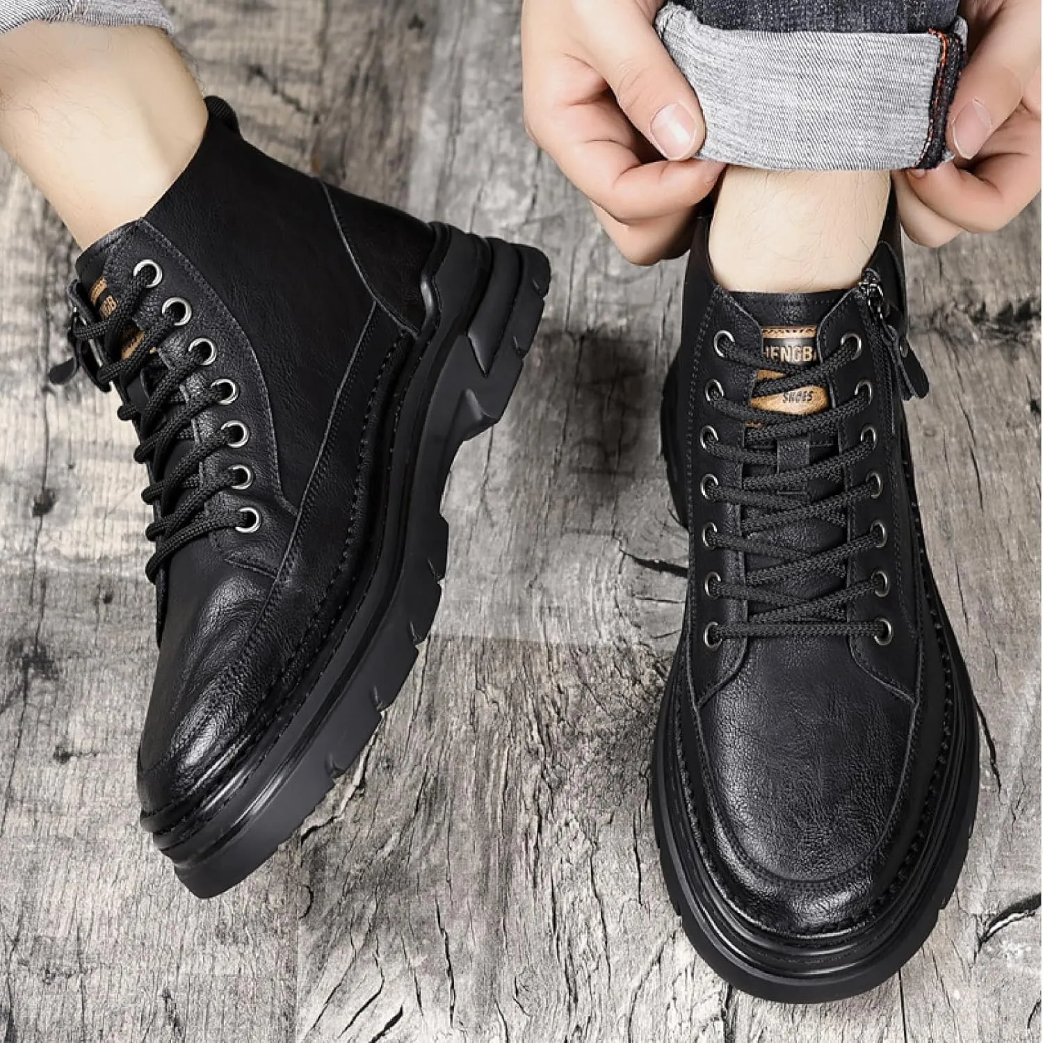 Men'S Leather Chukka Boot With Side Zipper Round Toe Comfort Fleece-Lined Anti-Slip Platform Lace-Up Casual Oxford Boots For Hiking Travel Motorcycle