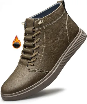 Men's Leather Embossed Flat High-Top Sneakers Autumn Plus Velvet Comfortable Warm Flat Non-Slip Lace-Up Chukka Boots Simple Fashion Walking Sports
