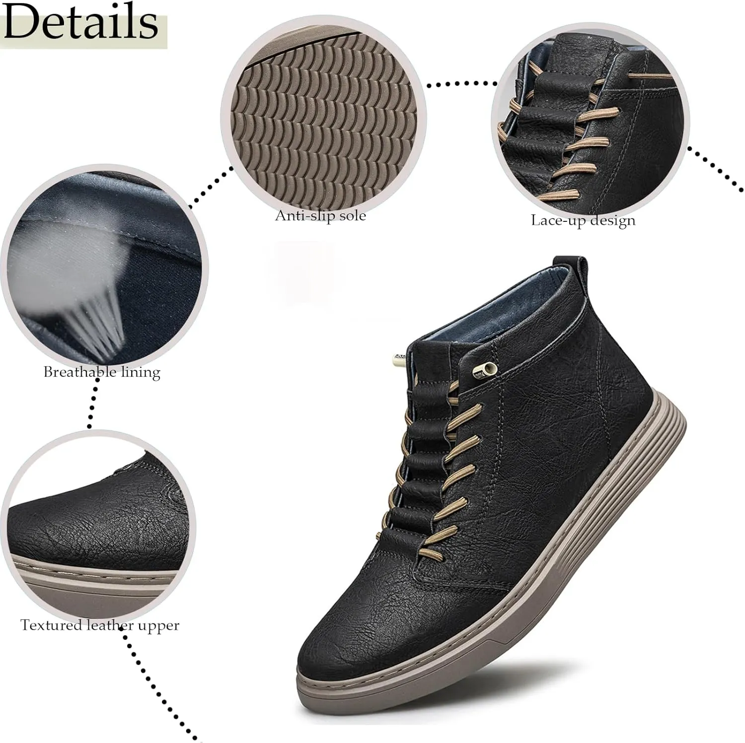 Men's Leather Embossed Flat High-Top Sneakers Autumn Plus Velvet Comfortable Warm Flat Non-Slip Lace-Up Chukka Boots Simple Fashion Walking Sports