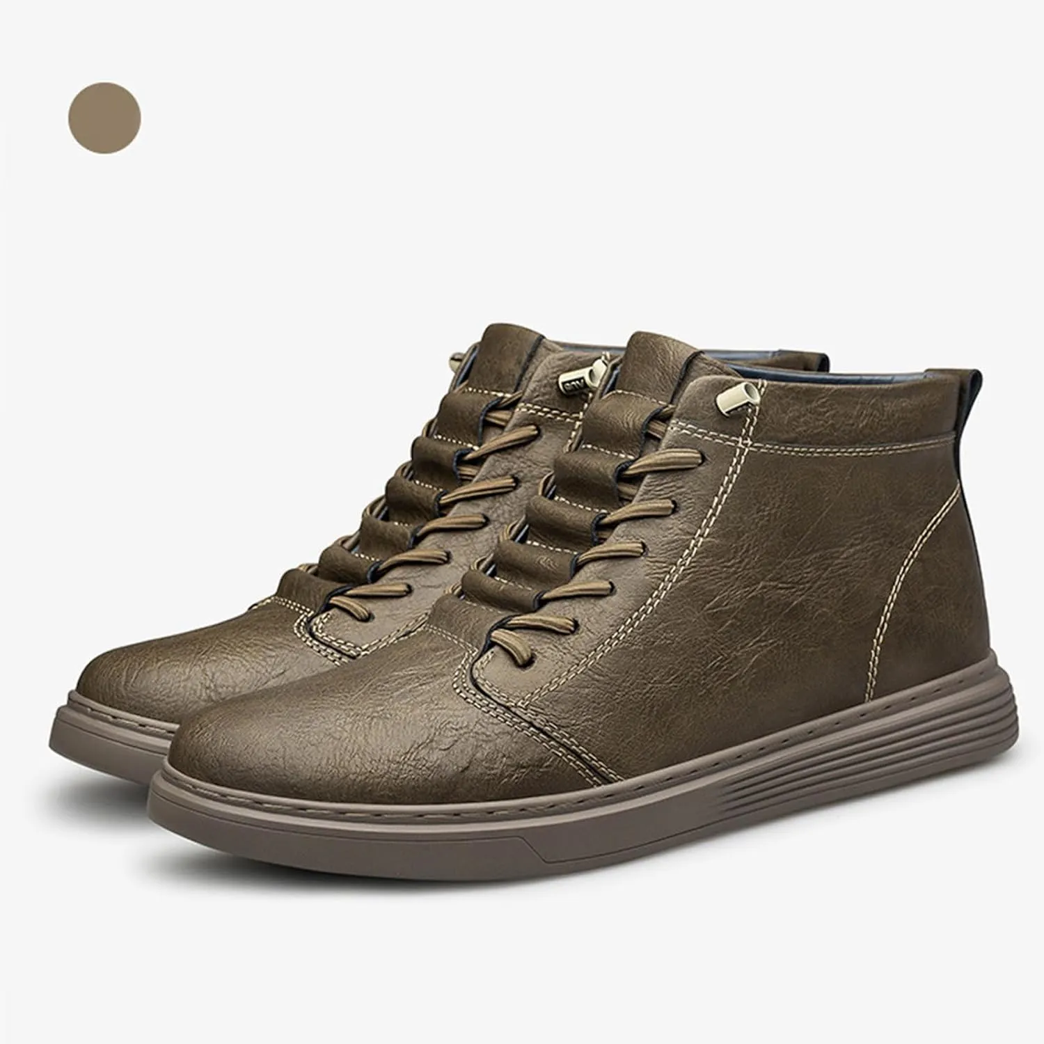 Men's Leather Embossed Flat High-Top Sneakers Autumn Plus Velvet Comfortable Warm Flat Non-Slip Lace-Up Chukka Boots Simple Fashion Walking Sports