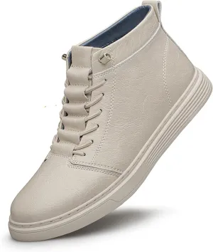 Men's Leather Embossed Flat High-Top Sneakers Autumn Plus Velvet Comfortable Warm Flat Non-Slip Lace-Up Chukka Boots Simple Fashion Walking Sports