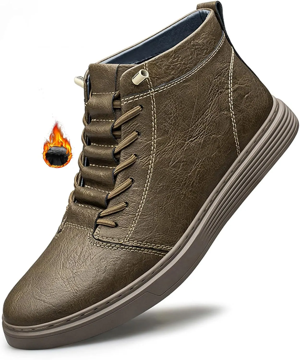 Men's Leather Embossed Flat High-Top Sneakers Autumn Plus Velvet Comfortable Warm Flat Non-Slip Lace-Up Chukka Boots Simple Fashion Walking Sports